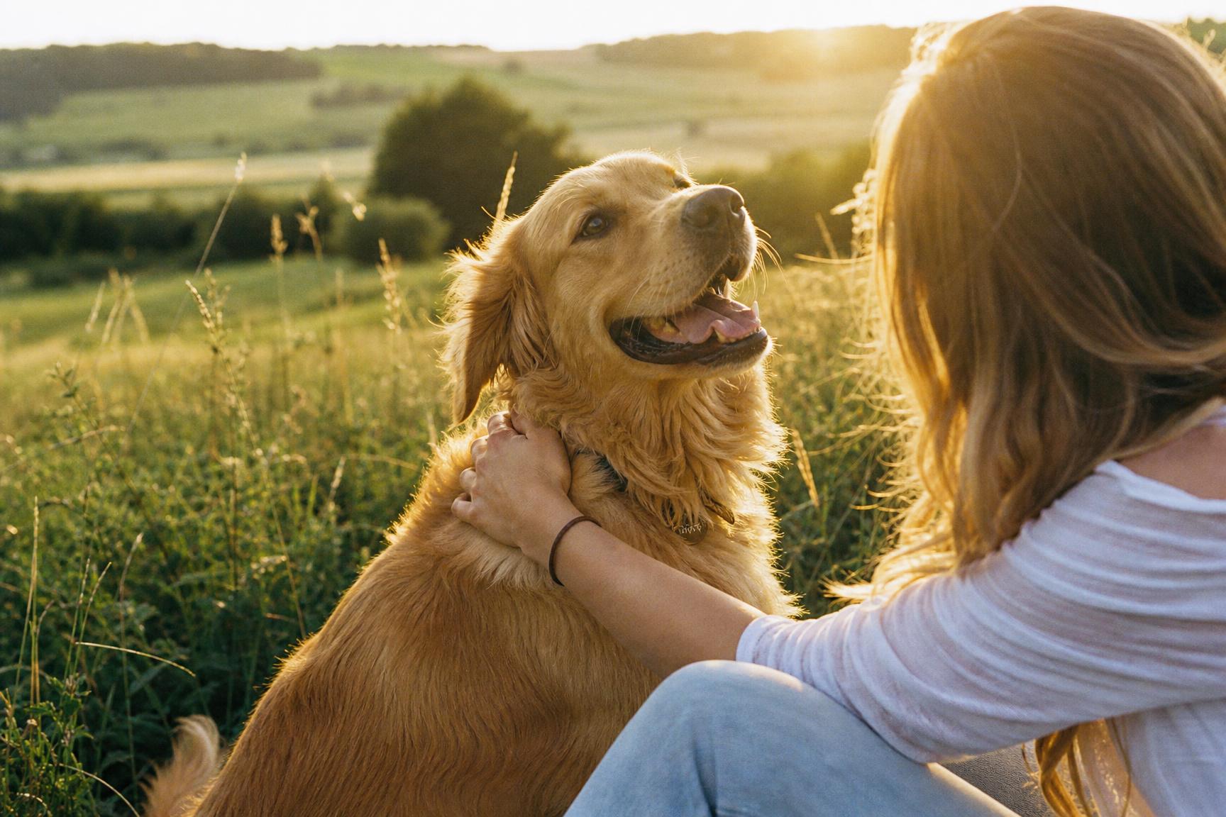 Happy golden retriever playing with its owner in a sunlit meadow